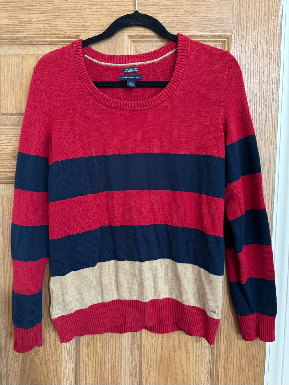 Tommy Hilfiger Red, Navy & Tan Striped Crewneck Sweater
